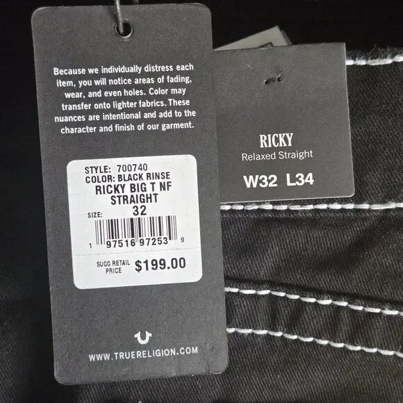 True Religion Mens Ricky Flap Relaxed Straight Black Jeans  display picture 2
